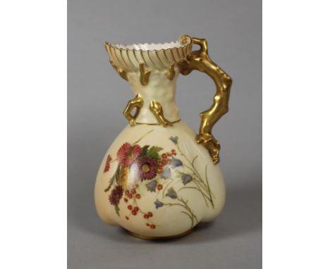 A ROYAL WORCESTER CHINA JUG, 1901, of lobed ovoid form with coral twig handle, painted in colours with wayside flowers on a b