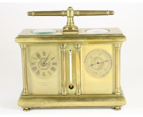 A FRENCH BRASS WEATHER STATION CARRIAGE CLOCK, early 20th century, the clock with platform escapement and dial with Roman num