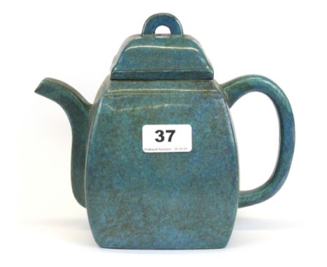 A Chinese robins egg glazed terracotta teapot, H. 19cm.