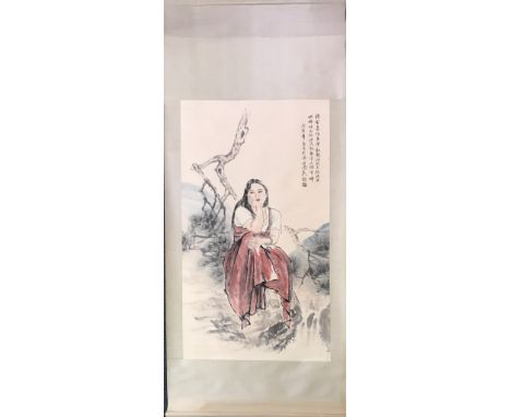 A Chinese silk mounted scroll painting of a girl beside a tree, size 82 x 215cm.