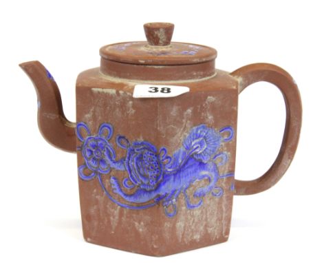 A Chinese Yixing terracotta teapot with enamelled decoration, H. 16cm.