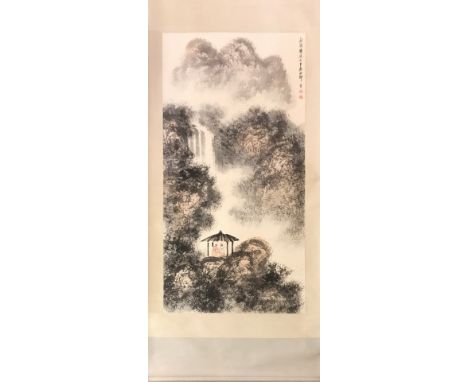 A Chinese silk mounted scroll painting of a sages in a landscape, size 81 x 226cm.