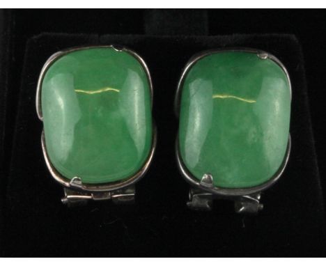 A pair of silver mounted jade earrings, jade size 1 x 1.2cm.