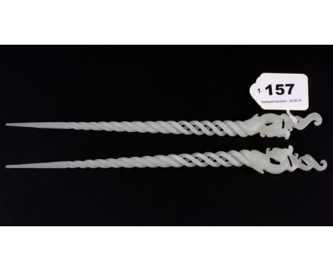 A pair of exquisite Chinese white jade hair pins with open spiral decoration, L. 25.5cm.