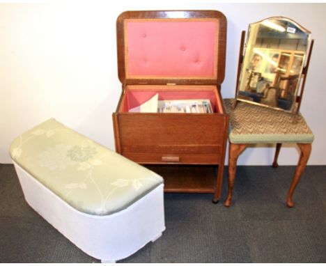 A vintage oak workbox with a mirror, stool and linen chest.