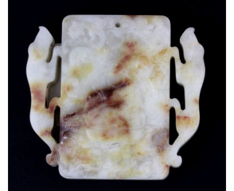 A fine Chinese carved white and russet jade/ hardstone amulet of the seated Putai flanked by two young dragons, W. 8cm H. 7.5