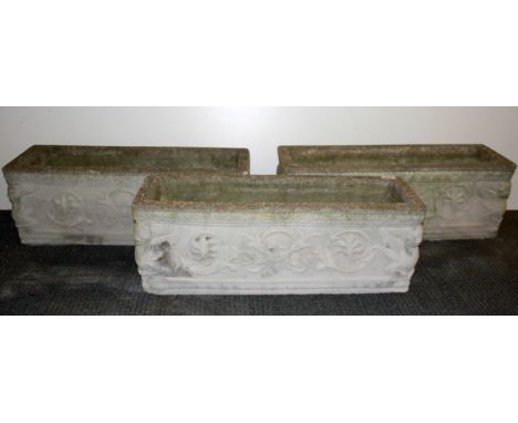 A set of three matching vintage concrete planters, size 72 x 24cm.