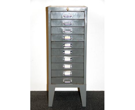 A vintage metal ten drawer cabinet, size 28 x 41 x 74cm.