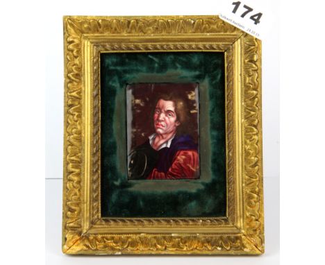 A gilt framed French hand enamelled portrait miniature, framed size 17 x 15cm.