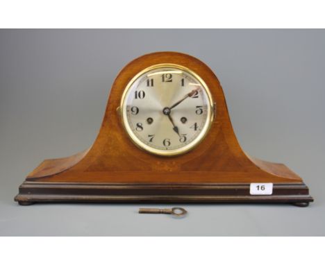 A 1930's inlaid Napoleon hat mantle clock, W. 51cm.