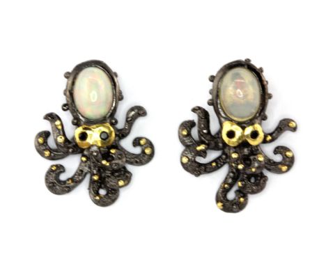 A pair of  Hana Maae designer 925 silver gilt octopus shaped earrings set with opal and sapphire set eyes, L. 2.3cm.