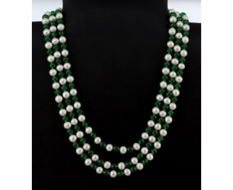 A cultured pearl and jade bead three row necklace on a 925 silver stone set clasp, L. 44cm.