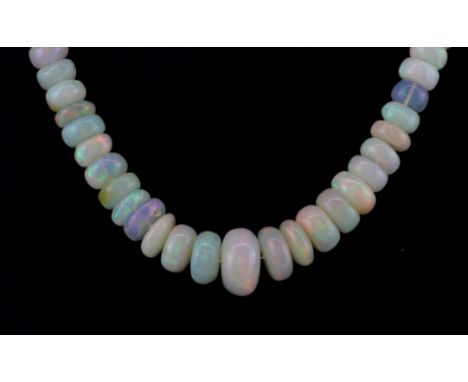 A polished opal bead graduated necklace on a white metal magnetic clasp, L. 43cm.