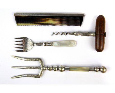 A silver backed comb with a silver plated bread fork, cake fork and cork screw.