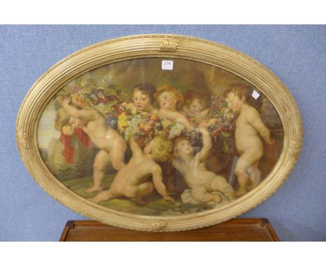 An interior scene print, Venetian print of a young couple and print of cherubs, framed