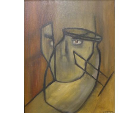 D Walters, abstract, oil on canvas, two pastels and a print