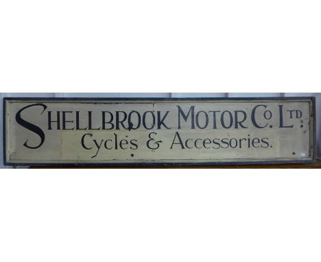 A vintage painted wooden sign, Shellbrook Motor Co. Ltd., Cycles &amp; Accessories