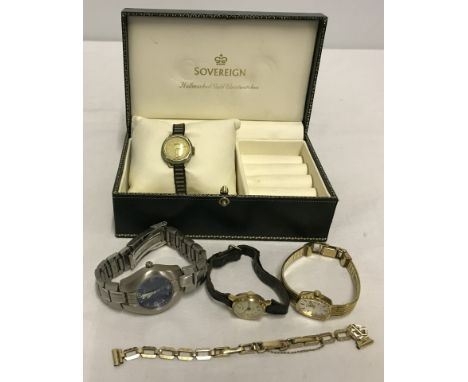 A small green  watch/jewellery box with 4 ladies watches and a gold filled Ladyfair watch bracelet. Watch bracelet marked Gol