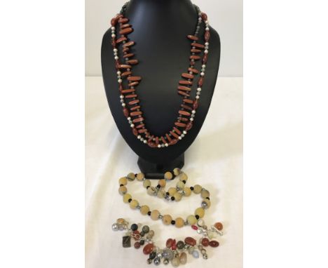 3 necklaces and a bracelet made from natural stones. In shades of red/brown and gold. To include carnelian, jasper and agates