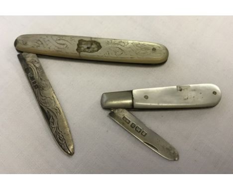 2 silver and mother of pearl handled fruit knives. Small plain handled knife hallmarked Sheffield 1913. Decorative blade and 