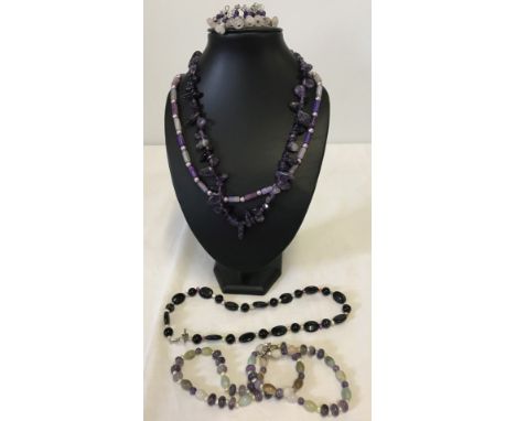 4 necklaces and a bracelet made from natural stones. To include amethyst, rose quartz and freshwater pearls. 