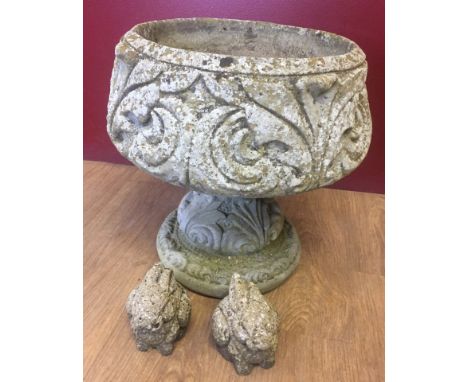 A vintage cement garden planter with floral decoration. Together with 2 small cement garden rabbit ornaments. Planter approx.