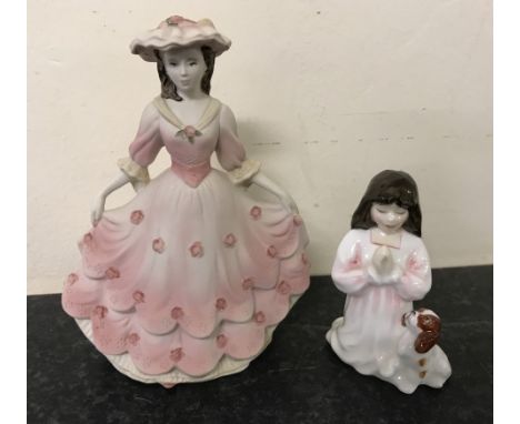 A Coalport ceramic figurine "Beau Monde Elizabeth" in matt finish. Together with a small ceramic Royal Doulton figurine "Inno