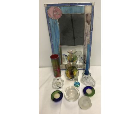 A collection of art glass items together with a Rennie Mackintosh style glass framed mirror. To include Langham Glass perfume