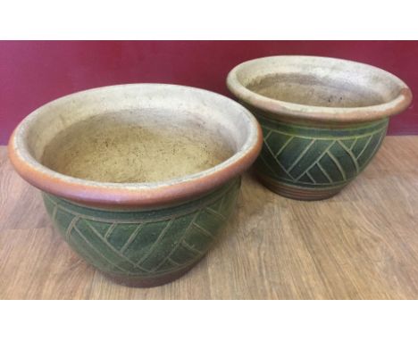 2 large green ceramic garden planters.  Approx. 38cm diameter.