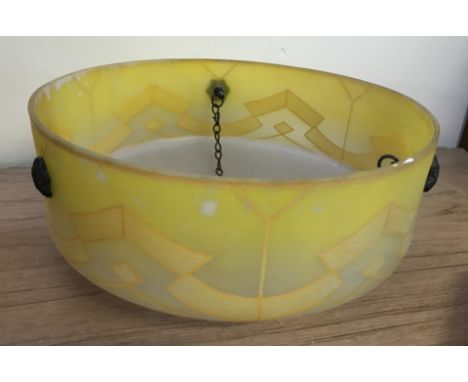 A vintage frosted glass with yellow painted decoration fly catcher lightshade. Complete with chains. 36.5cm diameter approx.