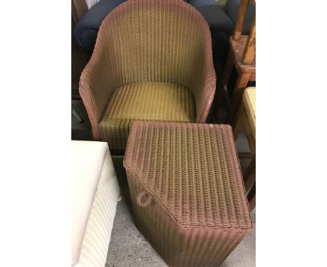 A vintage Lloyd Loom "Lusty" bedroom chair in original condition with gold and pink paintwork. Together with a matching corne