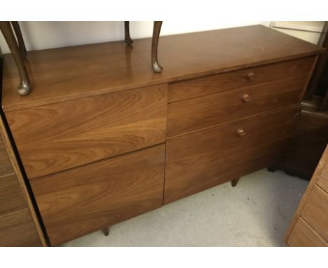 A vintage Avalon teak sideboard with 3 cupboards and 2 drawers. Top draw baize lined with cutlery dividers. Hinges to one cup