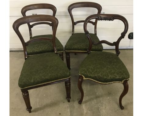 3 vintage balloon back chairs and one other. With matching green upholstery. 