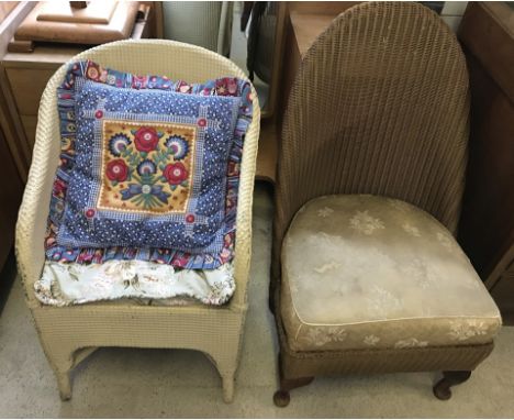 A gold coloured Lloyd Loom sprung seat bedroom chair. Together with a cream painted basket chair. 