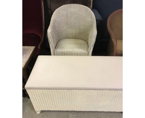 A vintage loom basket chair painted white together with a large white loom linen basket.  Basket approx. 91cm wide.
