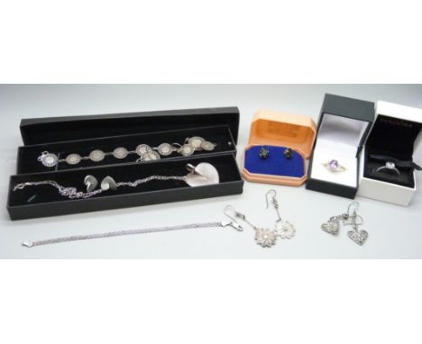 Silver jewellery; a bracelet, pendant and chain, earrings, a filigree bracelet and earrings set, two other pairs of filigree 