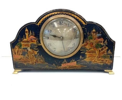 Antique black Chinoiserie mantel clock fully wound ticks but stops no warranty given 