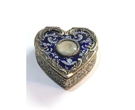 Fine victorian silver &amp; enamel heart shaped trinket box set with portrait miniature in lid hallmarked for london 1892 mak