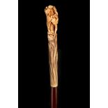 A STAG HORN CANE, the handle carved naturalistically with flower heads on rosewood shaft, horn