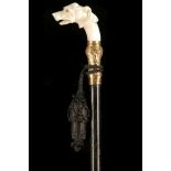 A LATE 19TH CENTURY MOTHER OF PEARL HANDLED CANE, carved as a dog's head, with rococo brass collar