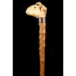 A 19TH CENTURY IVORY RABBIT HANDLED CANE, the grip well carved with a rabbit's head being held in