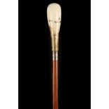 A JAPANESE MEIJI PERIOD, SATSUMA HANDLED WOODEN WALKING CANE, the grip decorated with birds and