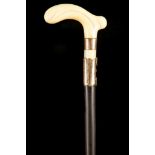 A 19TH CENTURY IVORY HANDLED DRESS CANE, the 'T' shaped grip over yellow metal collar, ebonised