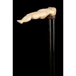 AN ANTIQUE 'EROTICA' CANE, the ivory handle carved as a female torso, on ebony shaft, with ivory?