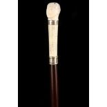 A PHRENOLOGY CANE, the carved ivory(?) head on rosewood shaft with brass ferrule, 87cm.