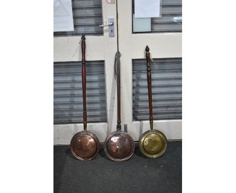 Three Vintage Brass and Copper Warming Pans with Wooden Handles 