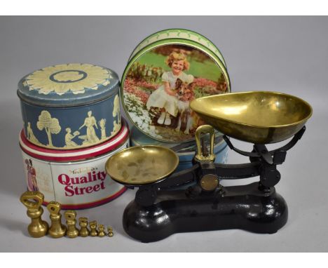 A Kitchen Pan Scales with Weights together with various Vintage Tins 
