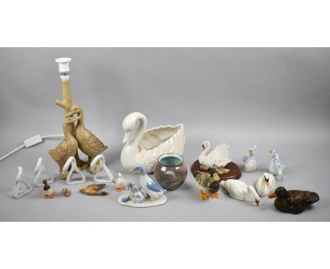 A Collection of Various Ceramic and Wooden Duck Ornaments, Table Lamp, Swan Ornaments etc 