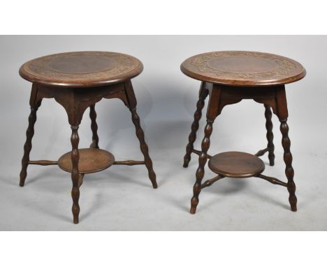 A Pair of Edwardian Oak Occasional Tables on Bobbin Supports with Circular Stretcher Shelves, Carved Band to Top Decorated wi