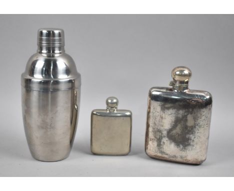 A Vintage Nickel Plated Hip Flask, Smaller Pewter Example and a Stainless Steel Cocktail Shaker 